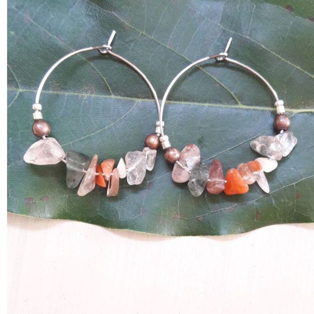 Green Agate Stainless Steel Hoops Hidden Meaning earrings Natural Elements  376■